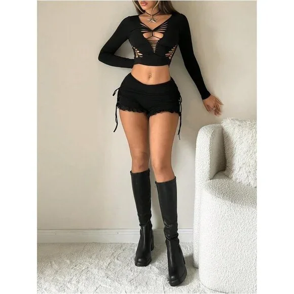 Women's Black Side Drawstring Ruched Lace Shorts Low Rise Stretchy Mini Shorts - Picture 5 of 5